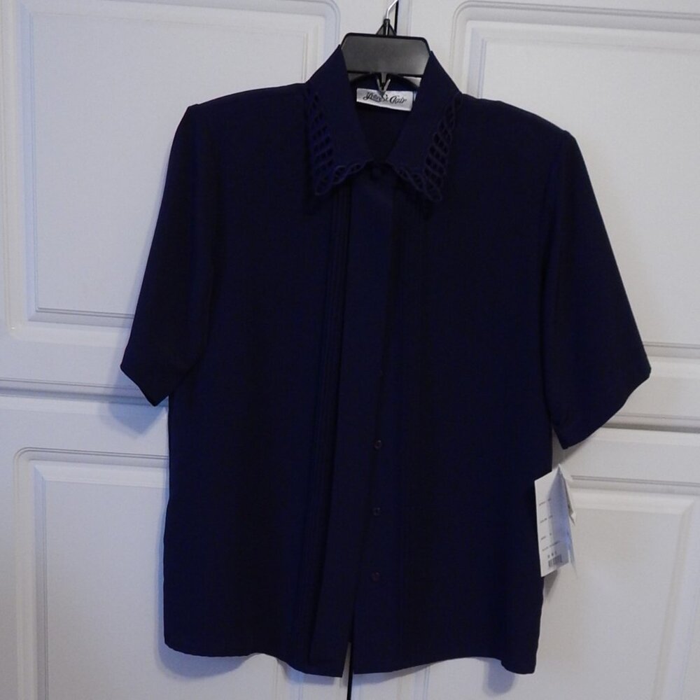 YVES ST. CLAIR Vintage Navy Blue Blouse Short Sleeve Button Up Classic Womens 10